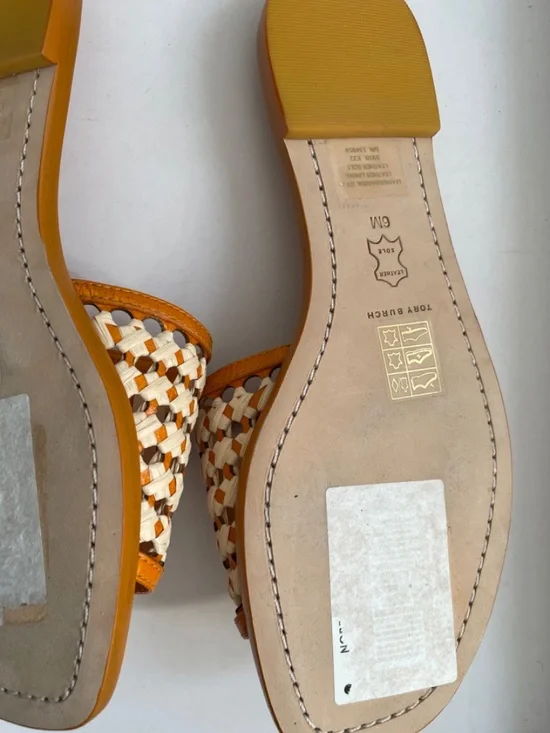 TORY BURCH Woven Crochet Raffia Yellow Citrine/natural Flat size 6 NWOB - Picture 3 of 6